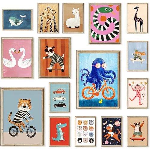 Aroutde 16Pcs Cartoon Animal Canvas Wall Art Nursery Room Funny Animal Pictures Octopus Tiger on Bikes Dog Turtle Skateboard Posters for Toddler Baby Kids Bedroom Playful Nursery Playroom Decor