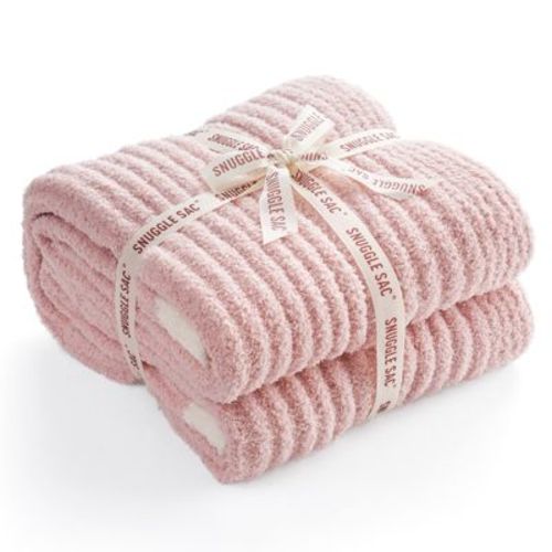 Snuggle Sac Reversible Knit Throw Blanket Plush Ribbed Blanket for All Season, 60"*80", Pink