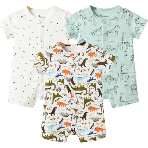 Baby Boy 3-Pack 100% Cotton Short Sleeve Rompers-Breathable One-Piece Jumpsuits with Animal Themes for Spring/Summer