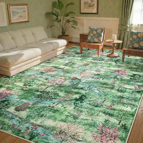Beeiva 8x10 Washable Rug for Living Room, Forest Sage Green Rugs for Living Room, Thin Lightweight Dining Room Rugs for Under Table Large Carpet for Bedroom Nursery Natural Decor(Green,8x10ft)