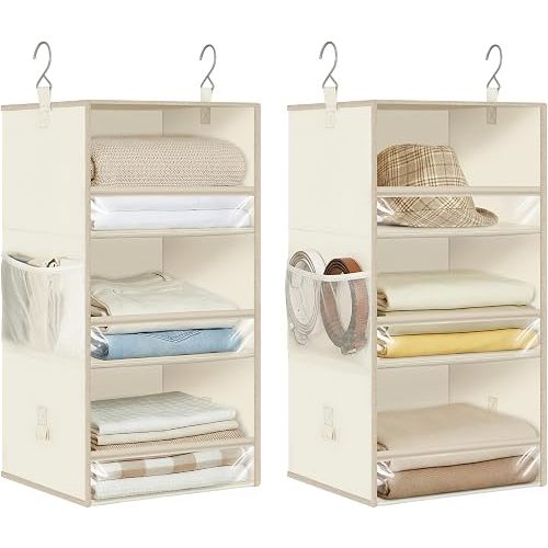STORAGE MANIAC 6-Shelf Hanging Closet Organizer and Storage, 2 Separable 3-Shelf Haning Organizers for Closet, Collapsible Hanging Shelves Wardrobe Organization, College Dorm Room, Nursery, Beige