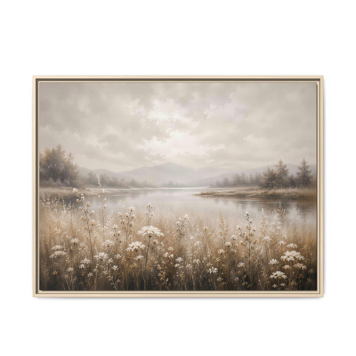 Misty Meadow Lake Canvas Wall Art Neutral Landscape Framed Canvas Romantic Farmhouse Decor Soft Luxe Wall Art