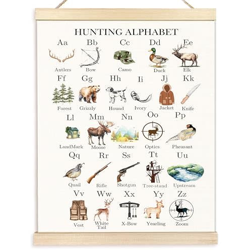 BESERH Hunting Alphabet Nursery Wall Art Posters, Kids Room Wall Decor, ABC Hunting Alphabet Educational Canvas Prints Artwork Framed for Toddler Kids Bedroom Nursery Classroom, 12x16 Inch