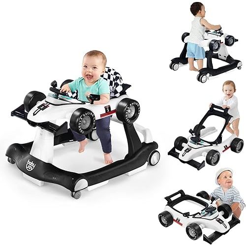 BABY JOY 4-in-1 Baby Walker, Foldable Activity Walker with Adjustable Height & Speed, Music, Lights, Anti-Rollover, Toddler Push Walker, Baby Walker with Wheels for Boys Girls 6-18 Months (White)