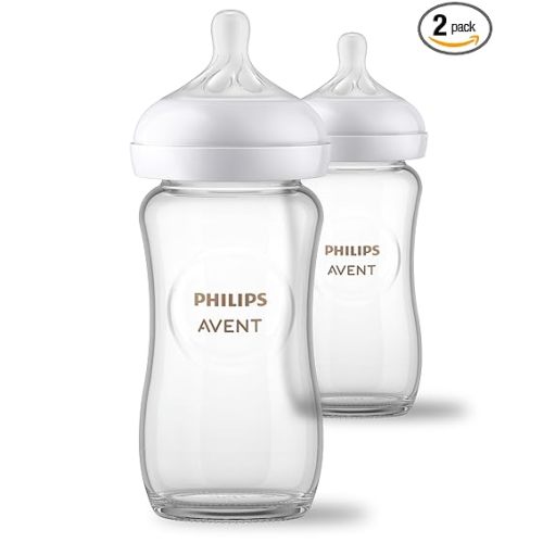 Philips Avent Natural Glass Baby Bottles, Medium Flow, 8 oz, BPA-Free | Borosilicate Glass, Baby-Controlled Flow, No-Drip Design, Reduces Colic and Gas with Anti-Colic Valve, 2-Pack, SCY913/02