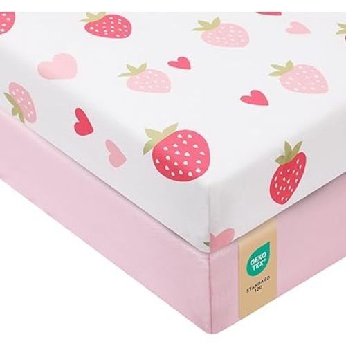 Baby Crib Sheets Girl, Toddler Bed Sheets Fitted for 52x28 Inch Standard Crib Mattress for Baby Girls, Set of 2 Super Soft Breathable Microfiber with Strawberry and Pink Design