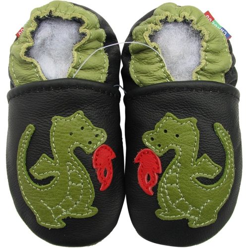 Carozoo Slipper Leather Baby Shoes Socks Booties (fire dragon black, 0_6 months)
