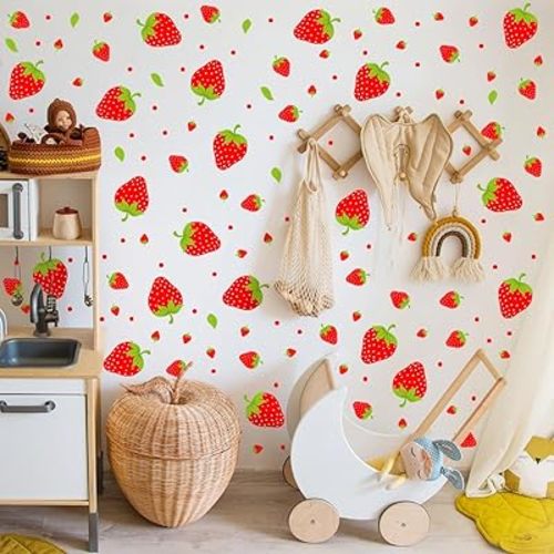 180pcs Strawberry Themes Wall Decals,Different Strawberry Style Wall Decor，Removable Cute Fruit Wall Stickers，Cute Strawberry Shortcake Stickers for Girls Bedroom Bathroom Decor