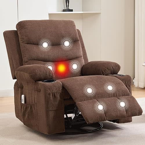 Recliner Chair Nursery, Oversized Manual Reclining Rocking Chair, 360 Swivel Glider with Cup Holder, Massage and Heat Recliner, Indoor Small Single Sofa Chairs for Adults, RV, Bedroom, Linen Brown