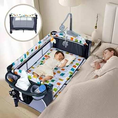 Baby Bassinet Bedside Crib with Portable Changing Table, 5-in-1 Pack and Play Baby Crib, Bedside Crib Sleeper for Newborn Baby with Mattress, Playard, Music Box, Carry Bag, Easy to Install