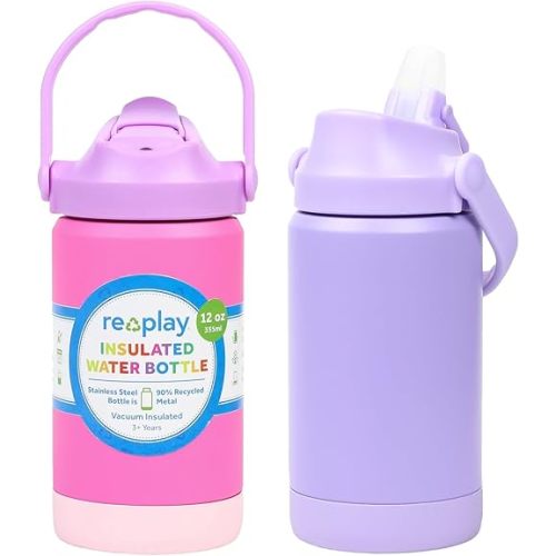 Re-Play 12 oz Water Bottle for Kids - Vacuum-Insulated Stainless Steel Tumbler with Flip-Straw, Spill and Leak-Proof Design, Dishwasher and Freezer Safe, 2 Pack Lavender and Princess Pink