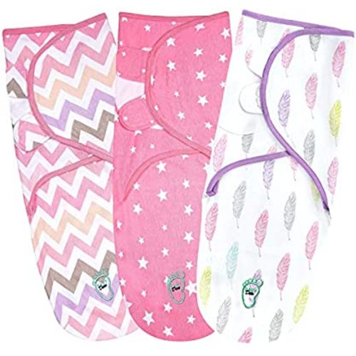 Baby Swaddle Blanket Wrap for Newborn & Infant, 0-3 Months 100% Breathable Cotton Swaddlers Sleep Sack with Adjustable Wings, 3 Pack Swaddling Blankets for Girls (Pink)