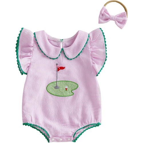 Newborn Baby Girl Golf Outfit Bubble Romper Ruffle Sleeveless Striped Bodysuit Headband Infant Summer Clothes