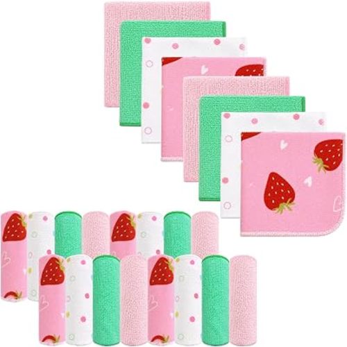 Softan Baby Washcloths, 24Pack Baby Wash Cloths Extra Soft & Ultra Absorbent, Baby Towels and Face Towels for Unisex Boys Girls Body, Washclothes Gentle on Sensitive Skin, 9x9 Pink Heart Strawberries