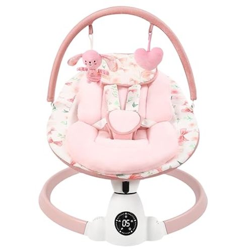 Baby Swing for Infants with 5 Swing Speeds, Portable Electric Baby Swing with Bluetooth, Remote Control & Touch Panel, 5-Point Harness, Indoor & Outdoor Use, Pink