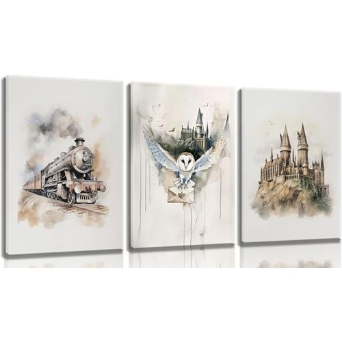 3pcs Magic Nursery Canvas Wall Art Express Train Owl Magic Castle Painting Picture Wall Decor Neutral Watercolor Poster Print Artwork For Kids' Baby Nursery Living Room Decoration Unframed