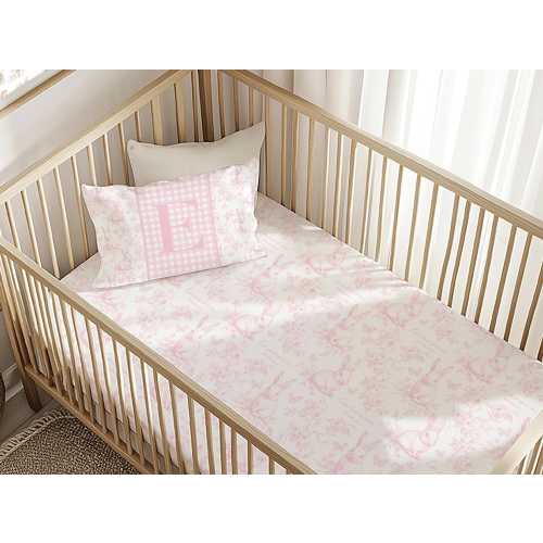 Pink Toile Bunny Crib Sheet: Girl Nursery Decor, Rabbits & Butterflies