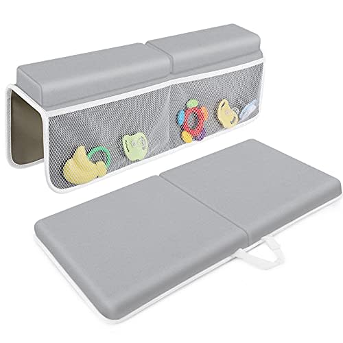 Bath Kneeler with Elbow Rest Pad Set, JJGoo 1.5 inch Thick Kneeling Pad Mat for Baby Bathtub, Bath Kneeler Padded Cushion with Arm Support Toy Organizer for Happy Baby Bathing Time(Gray)