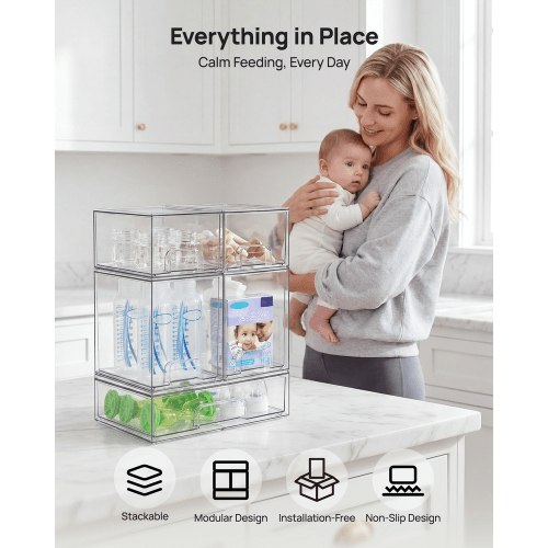 【Bottles Station】Vtopmart Stackable Nursery Set of 5/8 Clear Plastic Organizer Bins for Makeup Beauty Supplies Vanity Bathroom Cabinet Pantry, Multi-Size Flexible Design BPA-Free Safe Water&Dust Proof,dorm essentials,home decor - TikTok Shop