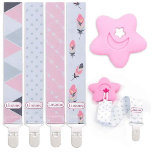 Liname Baby Girls Pacifier Clip with Teething Toy, 4 Pack (Pink)