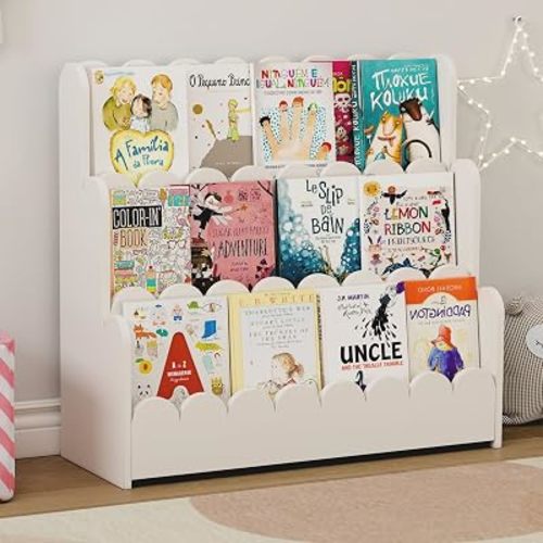 3-Tier Kids Bookshelf, Scalloped Montessori Bookshelf for Toddler and Baby, Small Childrens Bookcase, Solid Wood Book Shelf for Kids Room, Nursey, Playroom and Classroom, White