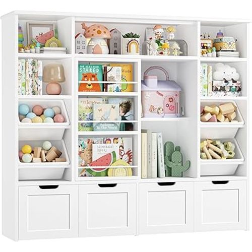 FINETONES Toy Storage with Sliding Bookshelf, Toy Organizer with 4 Bins