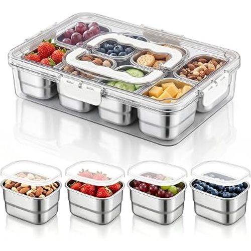 E-far Snackle Box Container, Stainless Steel Divided Serving Tray with Lid