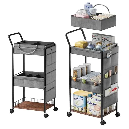 BBLIKE 3-Tier Diaper Caddy Organizer - Rolling Utility Baby Cart with Basket and Side Pockets for Nursery and Baby Essentials, Multi-Function Cart for Bedroom and Bathroom