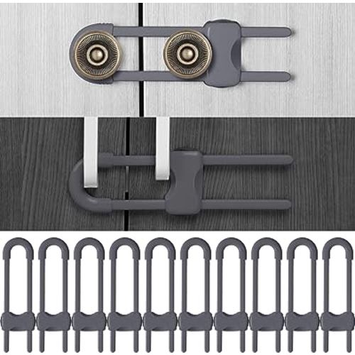 Jetec 10 Pieces Cabinet Locks for Babies, U-Shaped Proofing Drawers Safety Child Locks Adjustable, Easy to Use Childproof Latch for Knob Handle on Kitchen Door Storage Cupboard Closet (Gray)