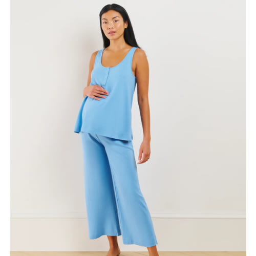 LAKE | Women | Pima Cotton Pajamas | Serene Blue Pointelle Maternity Wide Leg Tank Set