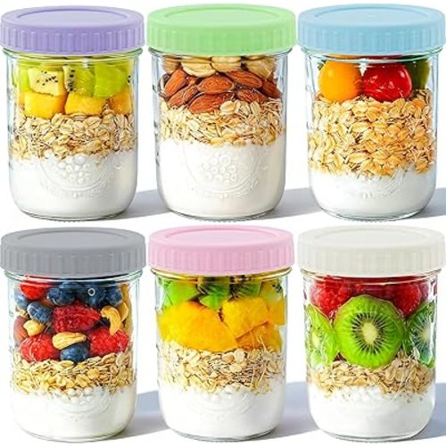 Overnight Oats Containers with Lids, 6-Pack Glass Mason Jars 16 oz with Lids Wide Mouth, Reusable Food Storage Containers for Snack, Chia Pudding, Yogurt, Meal Prep, Salad