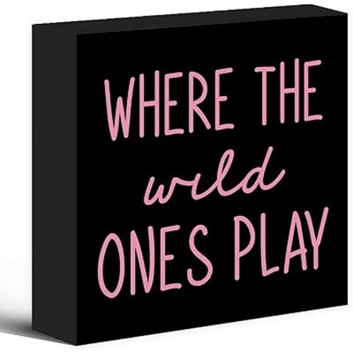 Where The Wild Ones Play Black Pink Wood Box Sign Desk Decor 5X5, Nursery Kids Room Wooden Block Sign Decorations for Playroom Toddler Room Wall Tabletop Shelf Decor