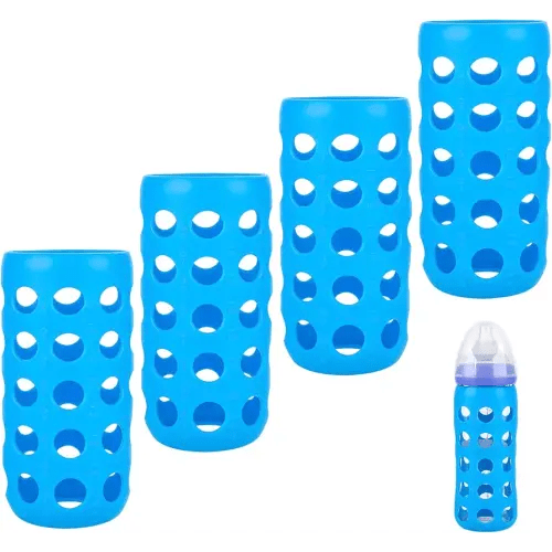 4 Pack Silicone Sleeves Compatible with Lansinoh Glass Bottles, Silicone Sleeves for Glass Bottles, Drop Protection, Maintain Temperature of Milk, with Cutouts for Easy Milk Level Monitoring, Blue