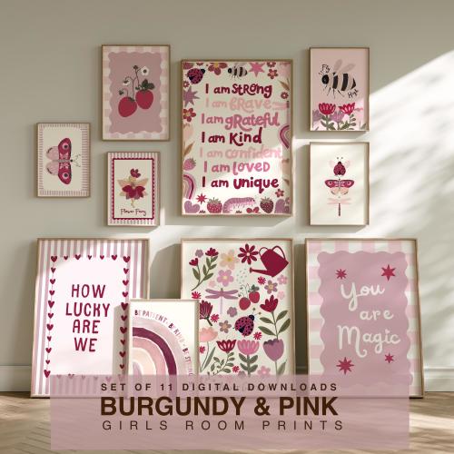 Burgundy and Pink Wall Art, Dusty Rose Girls Room Print Set of 11, Hand Drawn Cute Bugs Bees, Positive Affirmations, Flowers, Strawberries,