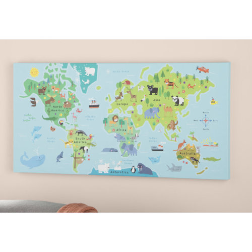 Zoomie Kids Edwina World Map Animal Pals Framed Canvas Art & Reviews | Wayfair