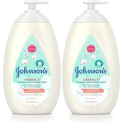 Johnson's CottonTouch Newborn Baby Face and Body Lotion,Hypoallergenic Moisturization for Baby's Skin,Made with Real Cotton,Paraben-Free,Sulfate-Free,Dye-Free,27.1 fl. oz,(Pack of 2)