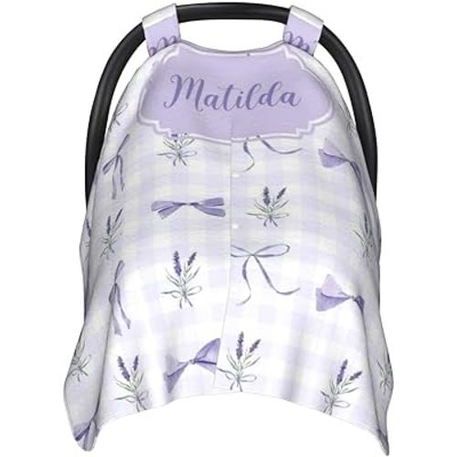 Personalized Baby Car Seat Canopy with Name – Custom Purple Bow Minky Nursing Cover for Girls – Soft Infant Car Seat Cover for Stroller, Breastfeeding & Newborn Travel