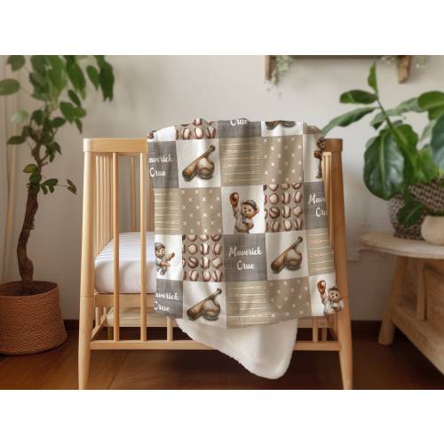 Baseball Blanket, Personalized Blanket, Vintage Baseball Teddy Bear Nursery Minky Blanket, Faux Fur Sherpa Fleece Baby Toddler Blanket