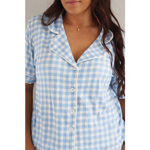 Women's Two Piece Flare Lounge Set | Blue Gingham