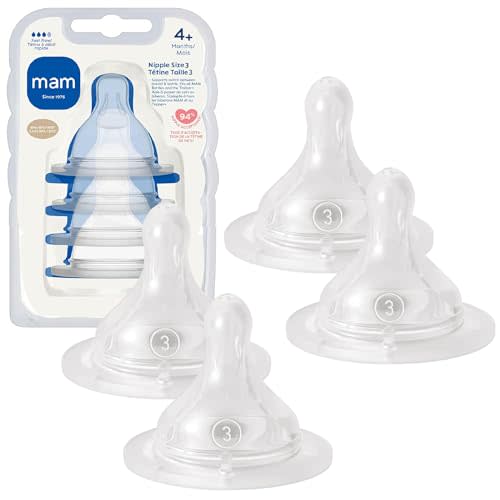 MAM Baby Bottle Nipples Fast Flow Size 3, for 4+ Month Babies, Skin Soft BPA Free Silicone, 94% Nipple Acceptance, Fits All MAM Bottles, Developed with Medical Experts, 4 Pack, Made in Europe