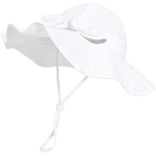 Baby Girl Sun Hat with UPF 50+ Outdoor Adjustable Beach Hat with Wide Brim Bucket Hats (0-6 Months) Beige White