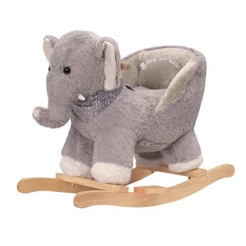 Rock My Baby Rocking Elephant with Seat, Plush Stuffed Pony Rocker for Toddlers 1-3, Baby Rocker with Sweet Music, Wooden Ride-On Toy, (Gray Elephant) CPC Certified