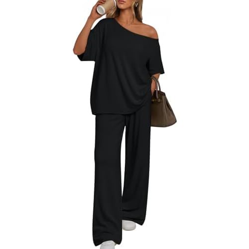 Trendy Queen Womens 2 Piece Lounge Sets Airport Travel Casual Outfits Off Shoulder Oversized Tshirts and Wide Leg Pants 2026