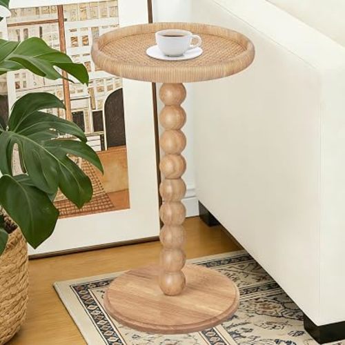 Drink Table, Boho Rattan Small Round Side Table for Small Spaces, Solid Wood Circle End Table for Living Room, Pedestal Table for Couch, Bedroom, Corners, Natural