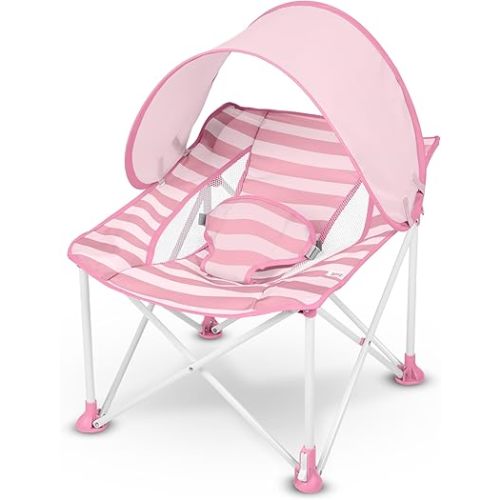 Bright Starts Pop ’N Chill Travel Seat, Indoor/Outdoor Use, Portable Infant Seat with Removable UPF 50+ Canopy, Pink, 0-6 Months
