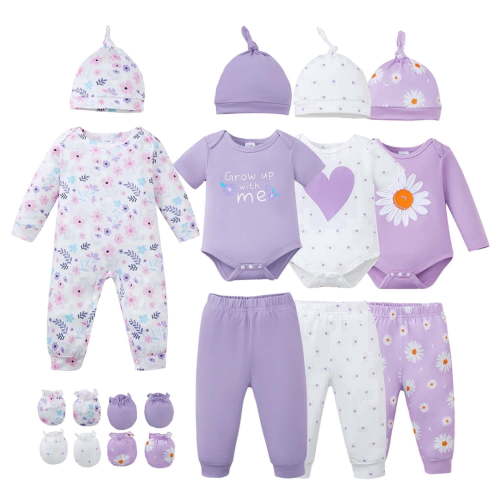KIMI BEAR Newborn PreemieBaby Girls Layette Set 4 Packs Shower Gifts Essential Clothing Short Sleeves Long Sleeves Romper Top Pants and Bodysuit with Hats and Gloves 15pcs Clothes Purple