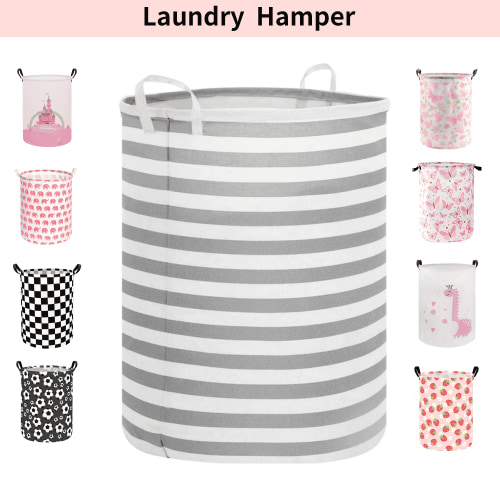 NOTIVIBE Collapsible Laundry Hamper Basket, Waterproof Fabric Storage Basket Gift Bag with Handles, Large Capacity Clothes Organizer for Bedroom, Nursery, Bathroom, Kids Room,Gray Stripes
