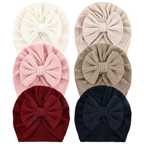 Cinaci 6 Pack Soft Turban Hats with Bow Donut Nursery Hospital Caps Beanies Bonnets for Baby Girls Newborns Infants Toddlers