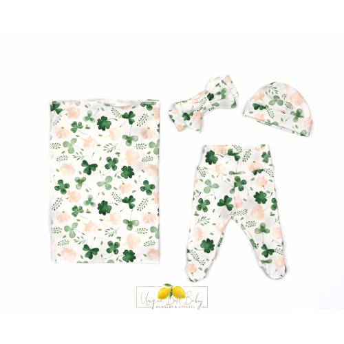 Shamrock Rose | Going Home Outfit | Take Home Outfit | Irish | St. Patrick’s Day | Headband Bow | Swaddle Outfit Set | Footie Pants | March