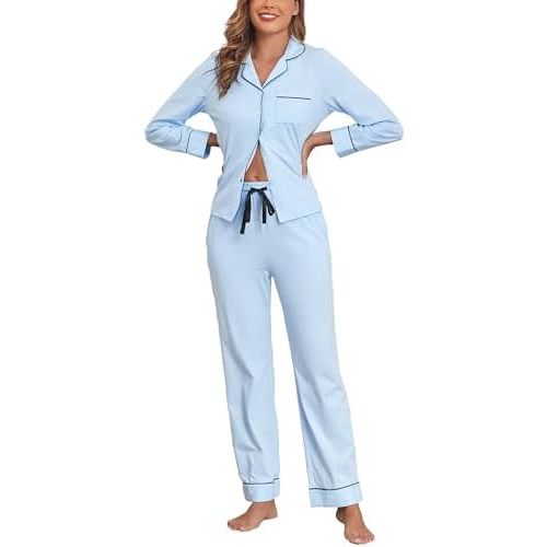 Veseacky 100% Cotton Pajamas for Women Set Long Sleeve Button Down Sleepwear Soft Pjs Lounge Sets with Pockets XS-XXL